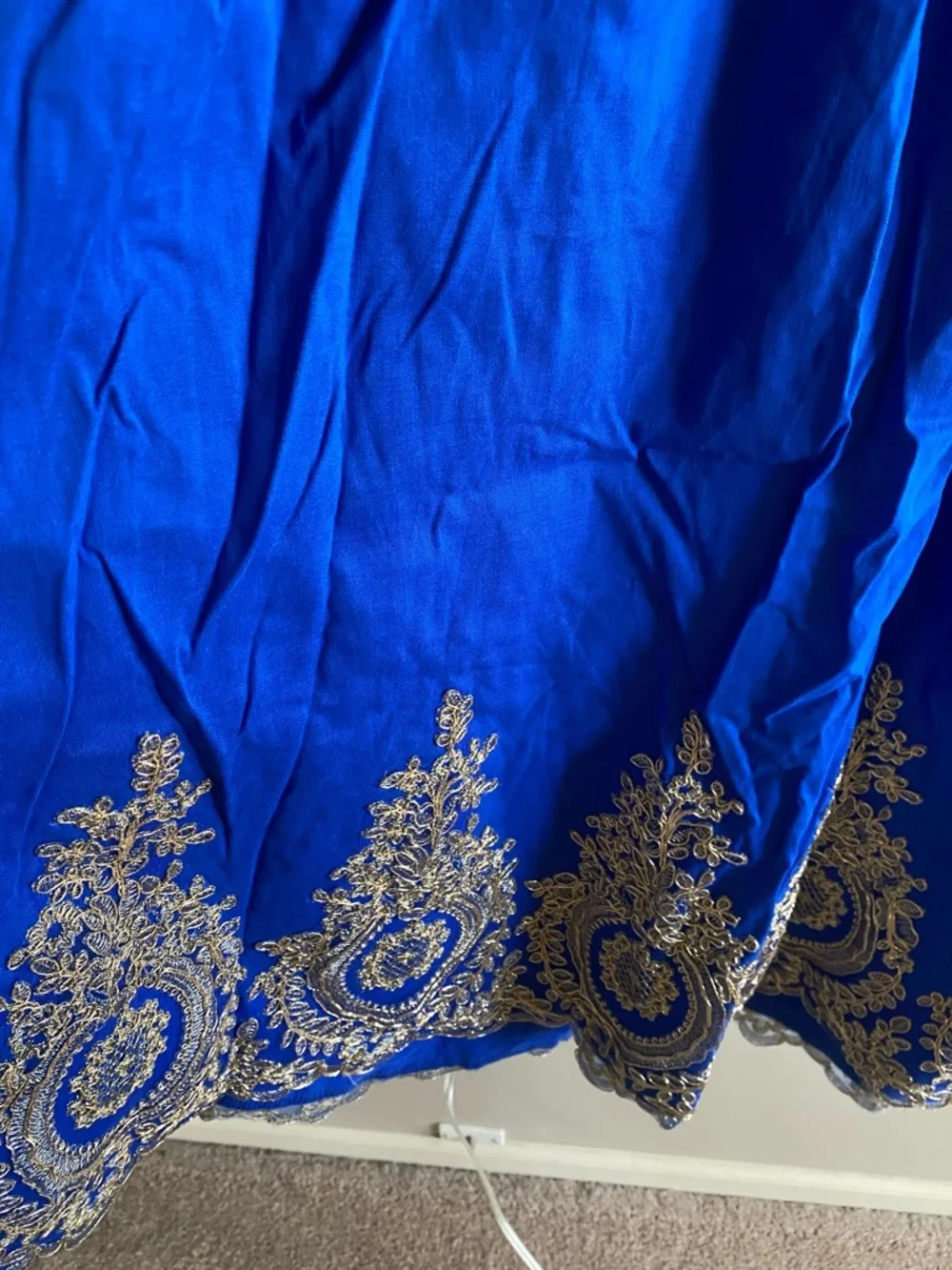 Deep Blue Halter Midi Dress with Gold Embroidered Hem - Picture 7 of 11